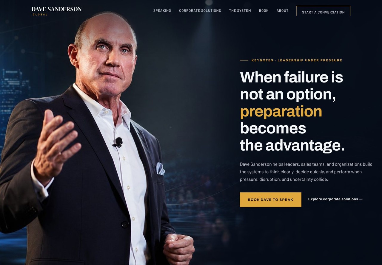 Dave Sanderson Global brand website homepage, designed and built by Firestarter