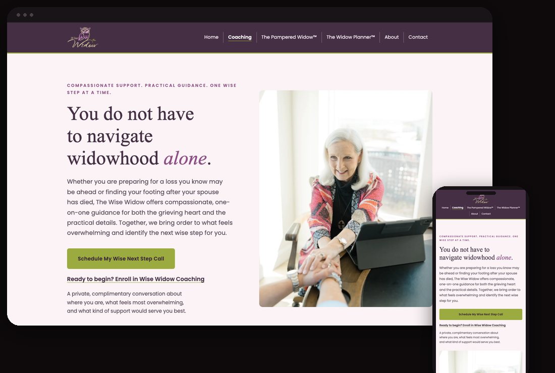 The Wise Widow, a Firestarter brand and build, shown on desktop and phone