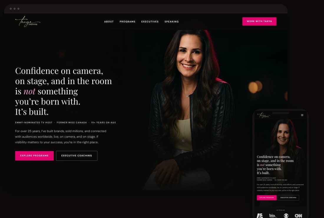 Tanya Memme, a Firestarter brand and build, shown on desktop and phone