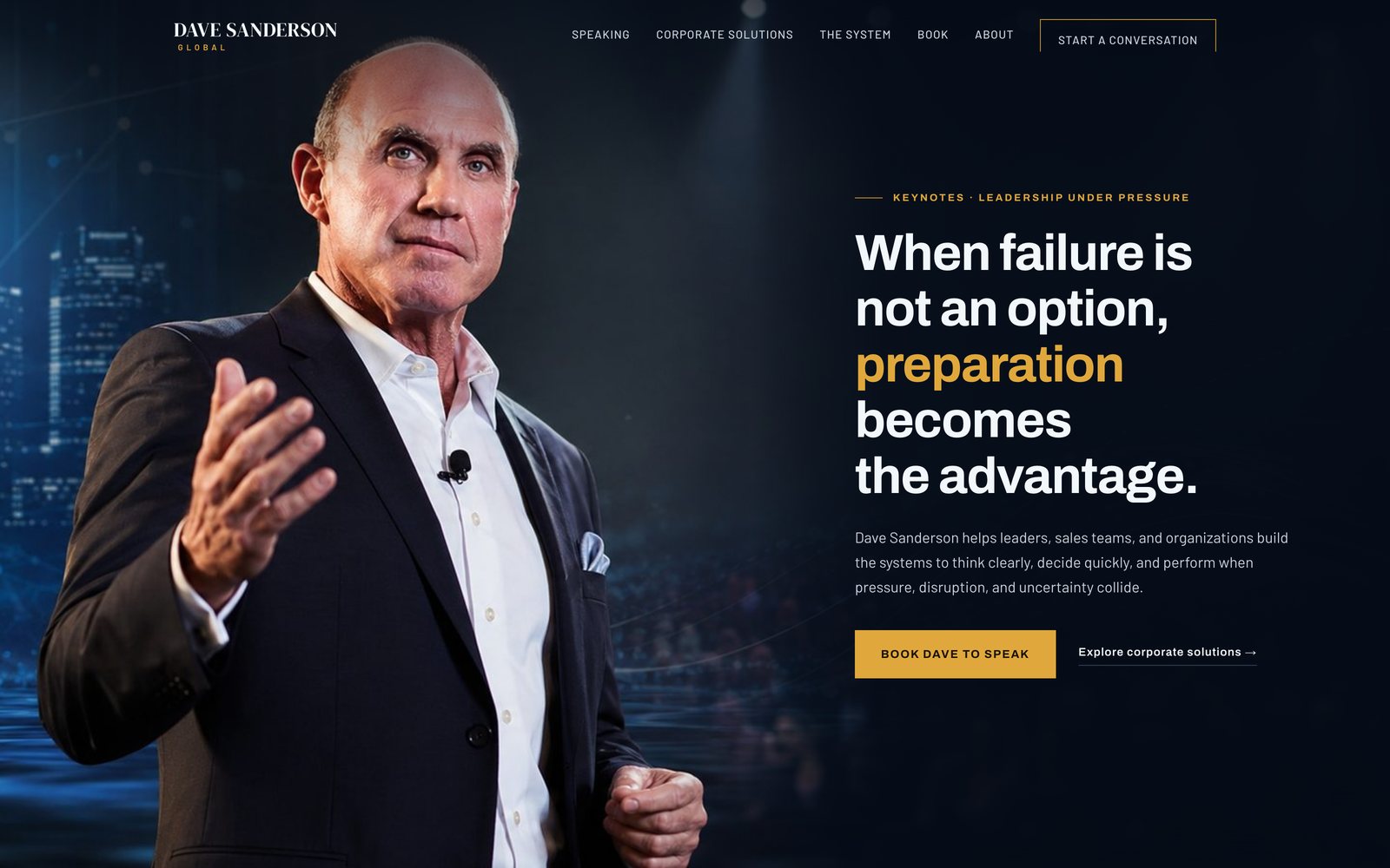 Dave Sanderson &mdash; homepage direction in development: navy and gold keynote art direction